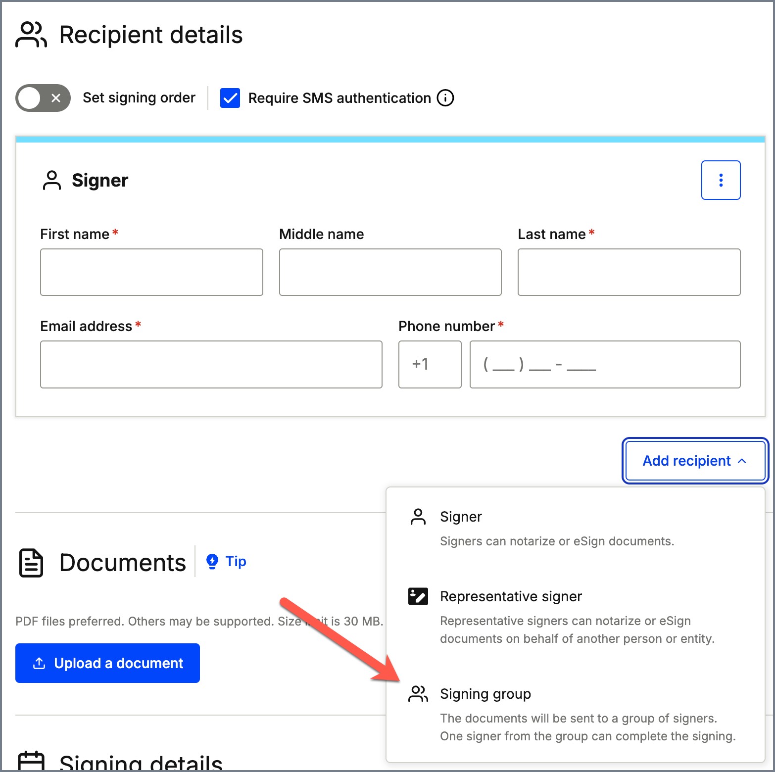 recipient details signing group add recipient dropdown.jpg