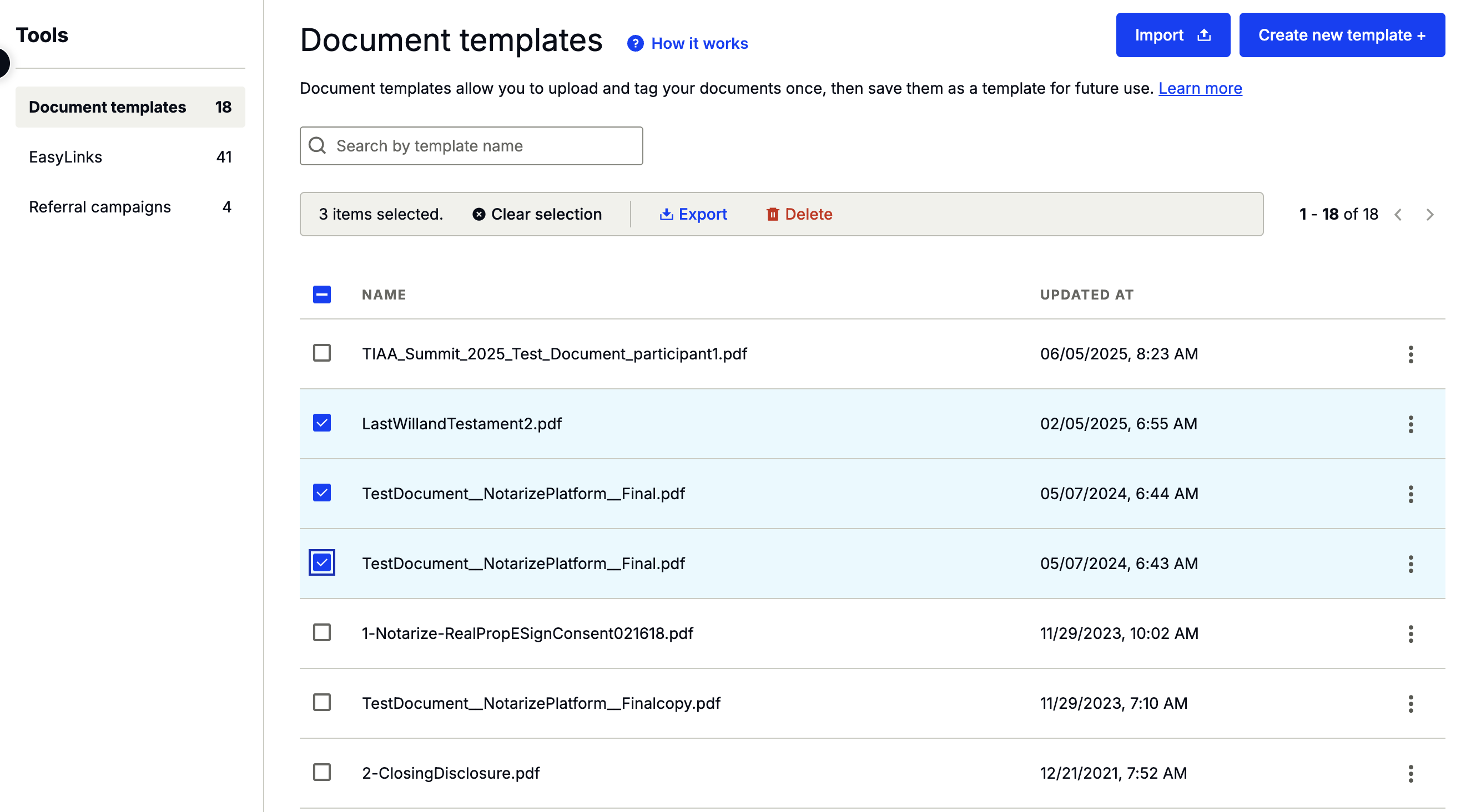 Document Templates list in Proof showing checkboxes next to each template for bulk selection