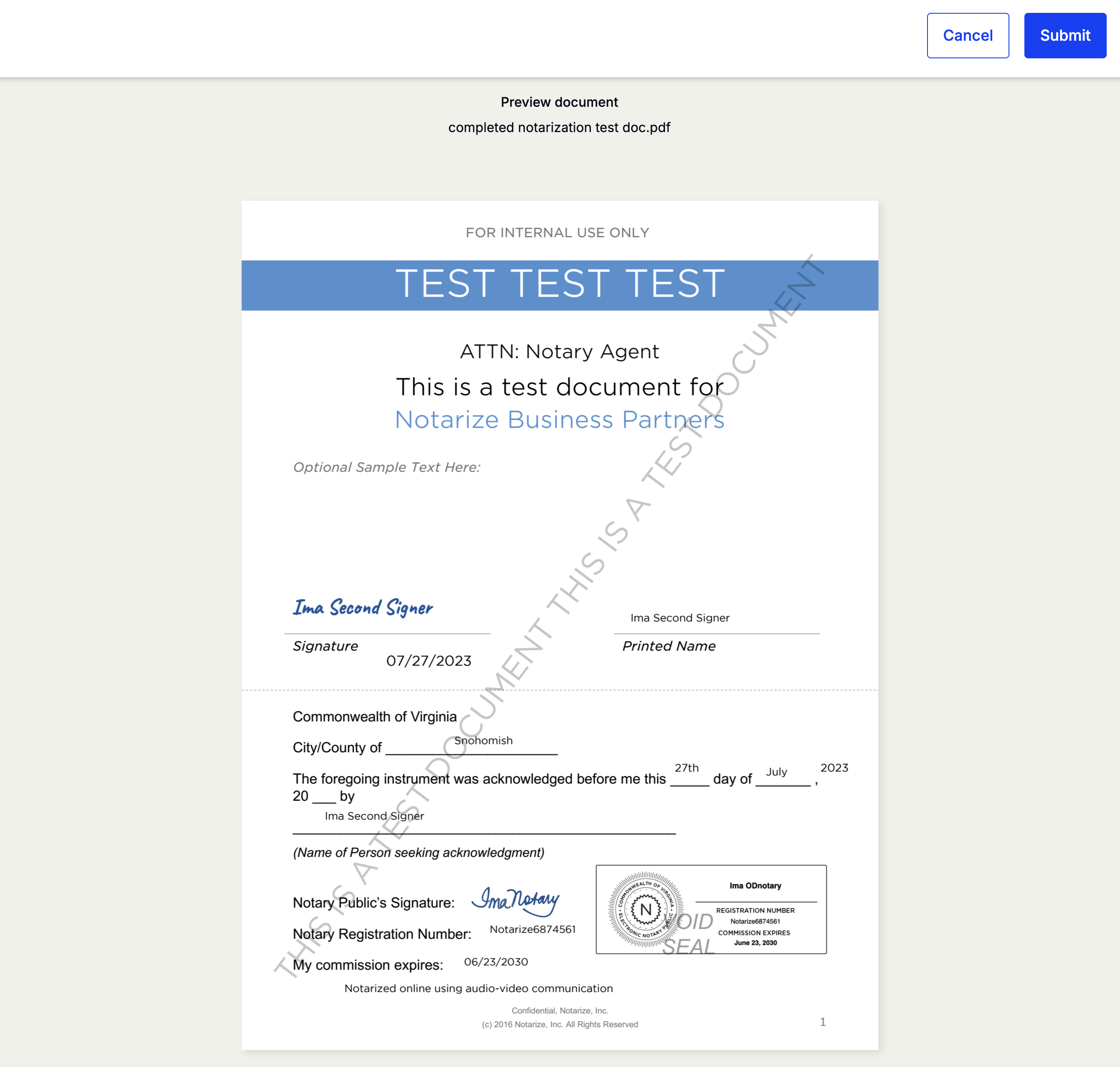 Document preview box showing the uploaded wet-signed file before submission