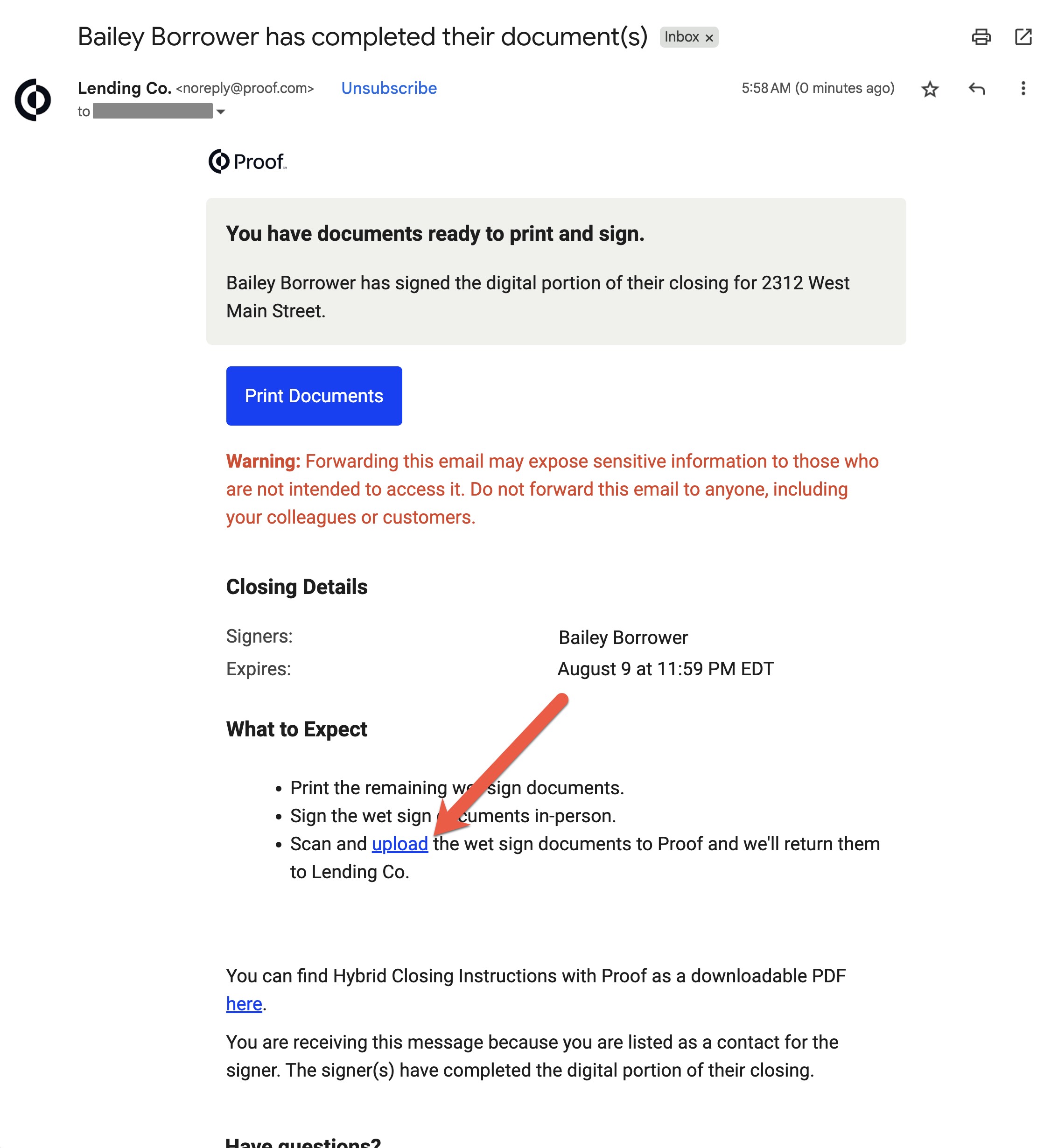 Upload link in the hybrid closing notification email from noreply@proof.com
