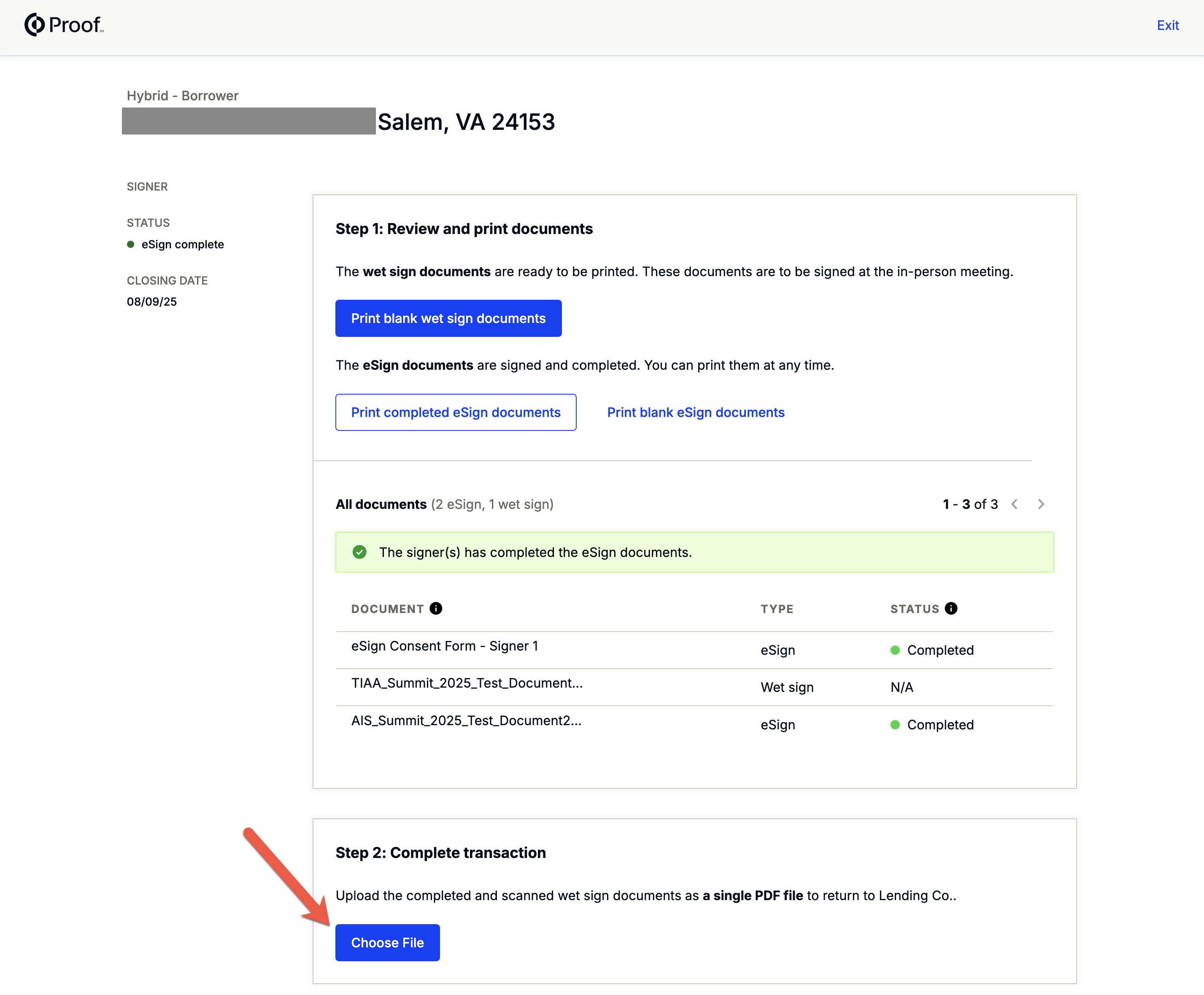 Upload wet-signed documents screen showing Choose file button under Step 2