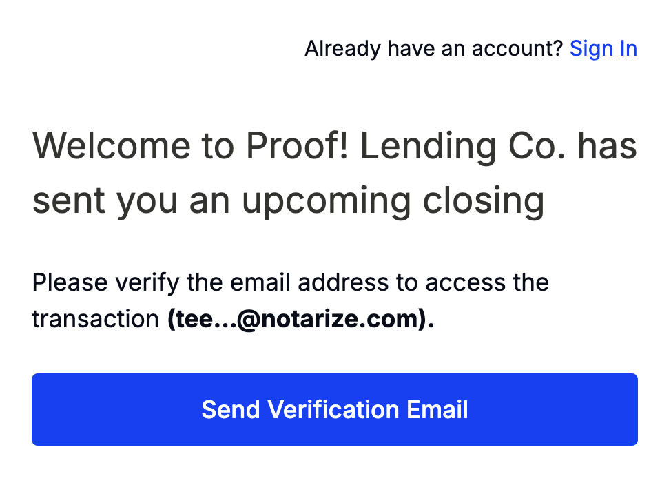 Sign in or send verification email screen for title agent Collab access