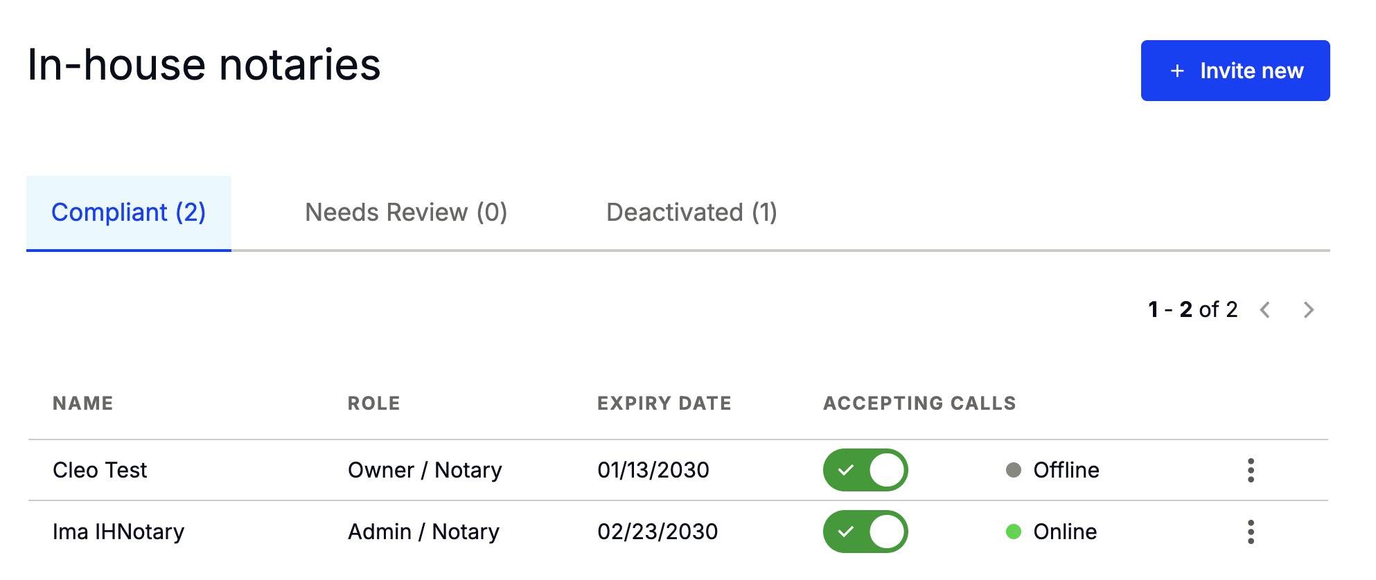 In-house notaries list in Users settings showing the accepting calls toggle