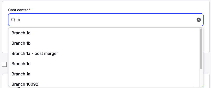 Screenshot showing cost center search dropdown with results