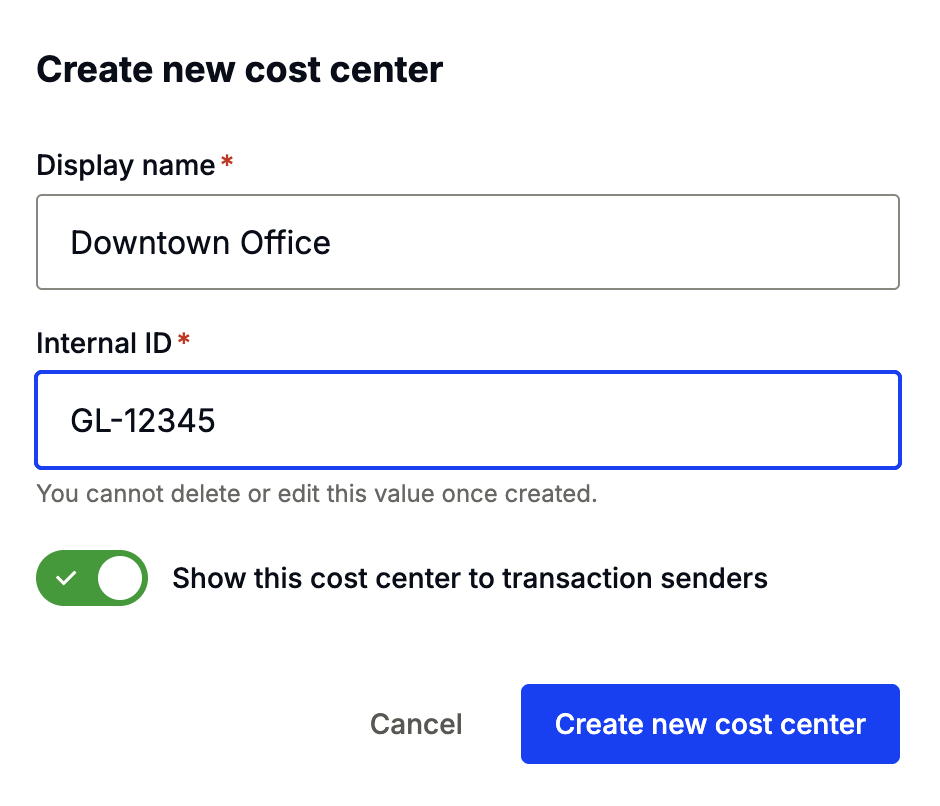 Create new cost center modal showing Display name and Internal ID fields
