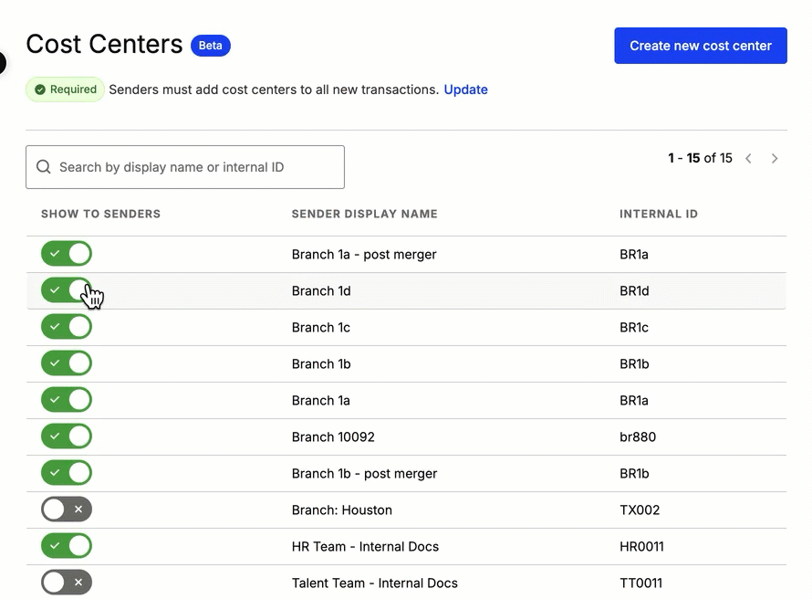 Animated walkthrough toggling a cost center to show to senders in Command Center