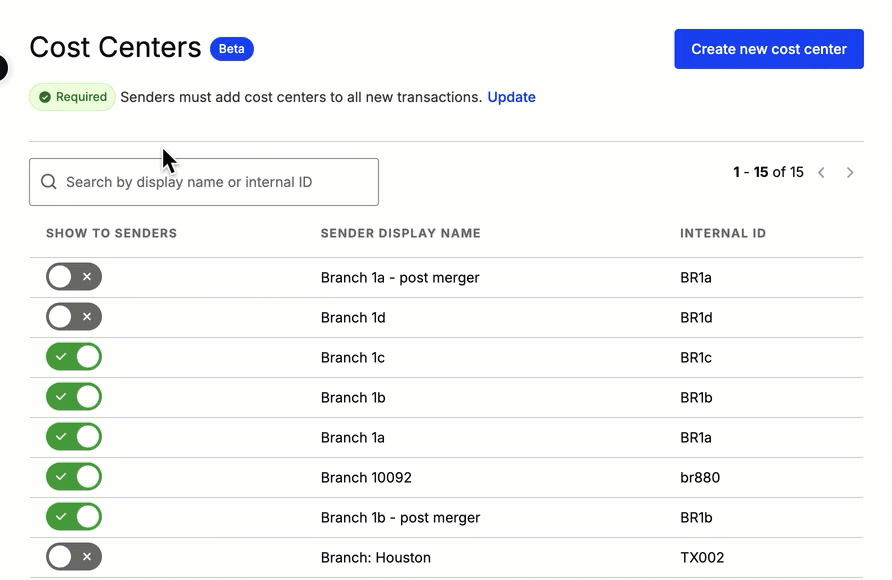 Animated walkthrough toggling a cost center to hide from senders in Command Center