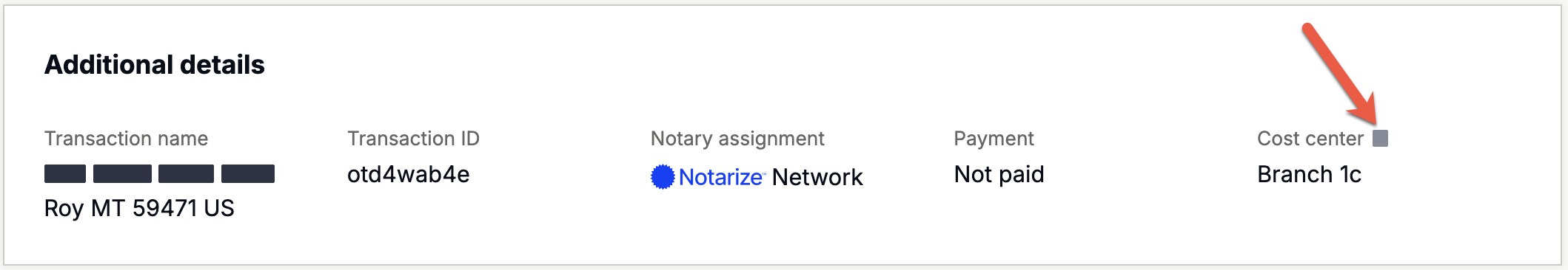 Pencil icon next to Cost center field in the Summary tab of a transaction