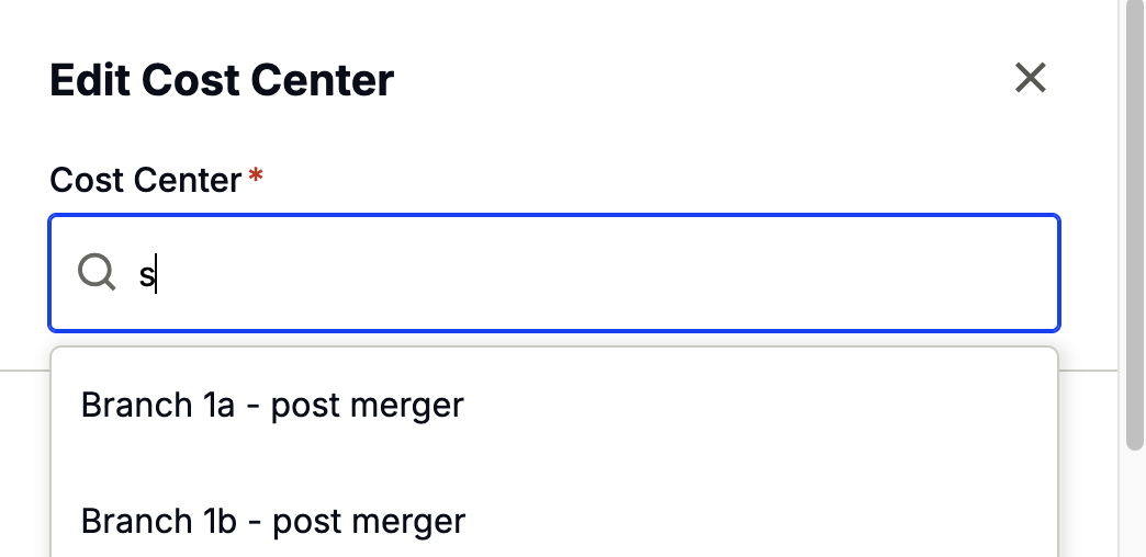 Cost center search modal showing search results to select from