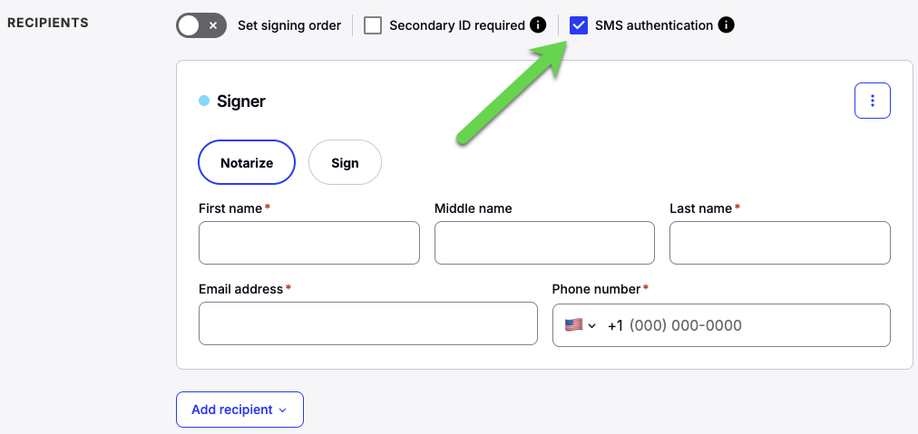 Screenshot showing the Require SMS authentication checkbox unchecked under Recipient details