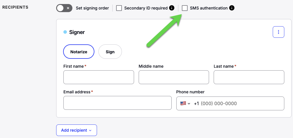 Screenshot showing the Require SMS authentication checkbox checked under Recipient details