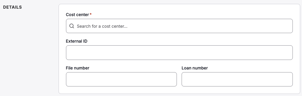 Transaction details screen showing file number and cost center fields
