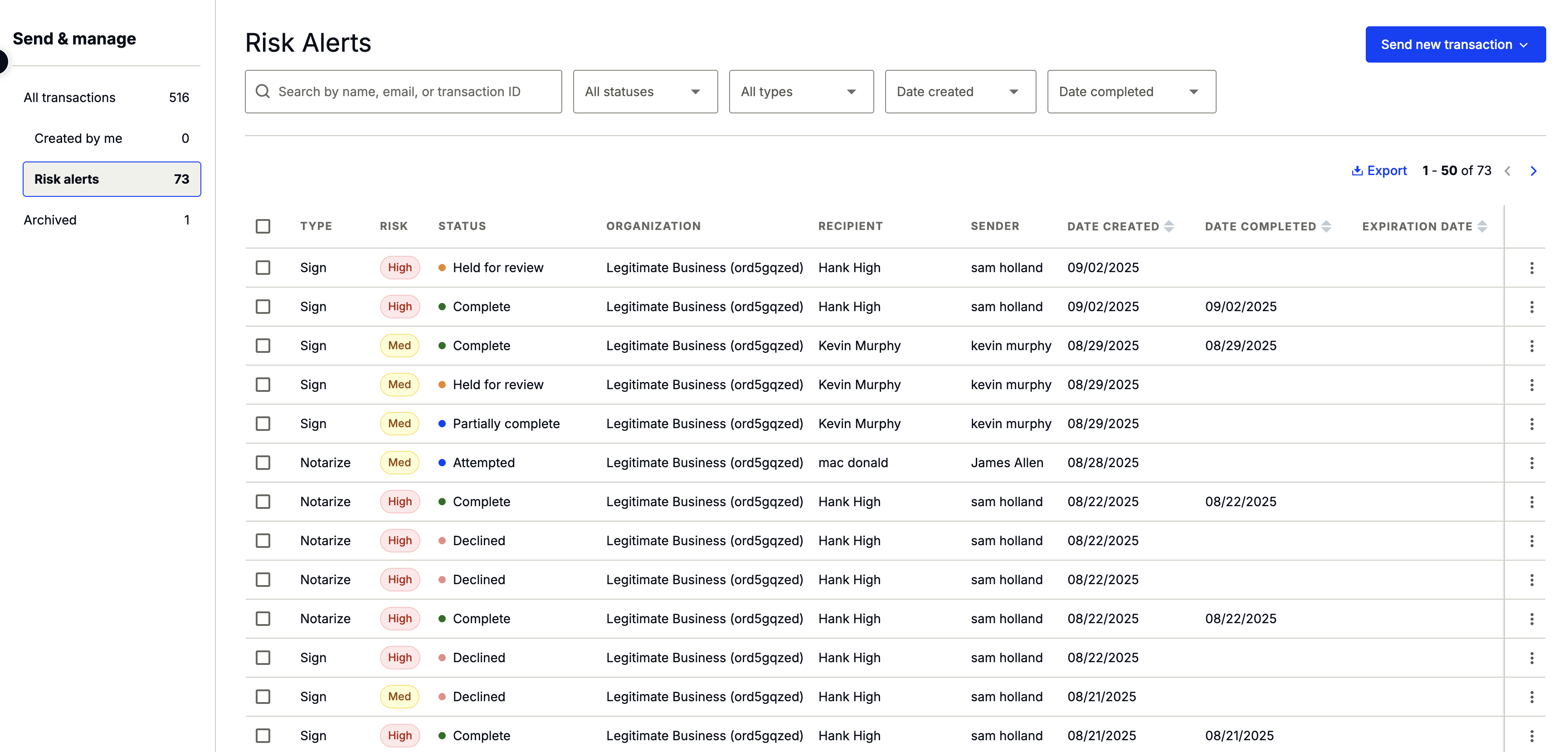 Risk alerts option in Transactions menu