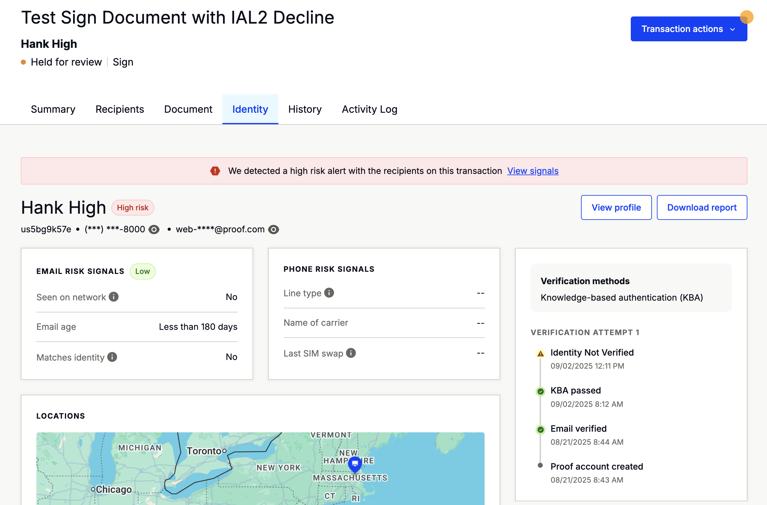 Identity tab showing Defend risk routing alerts with View signals button