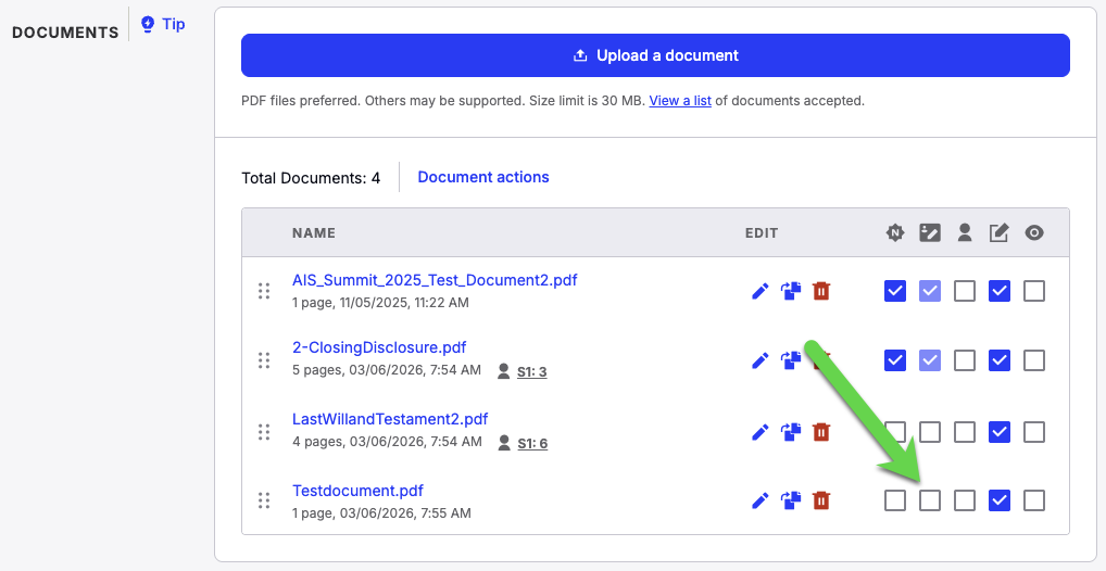 The Signing requires meeting checkbox unchecked under the Documents section when creating a transaction