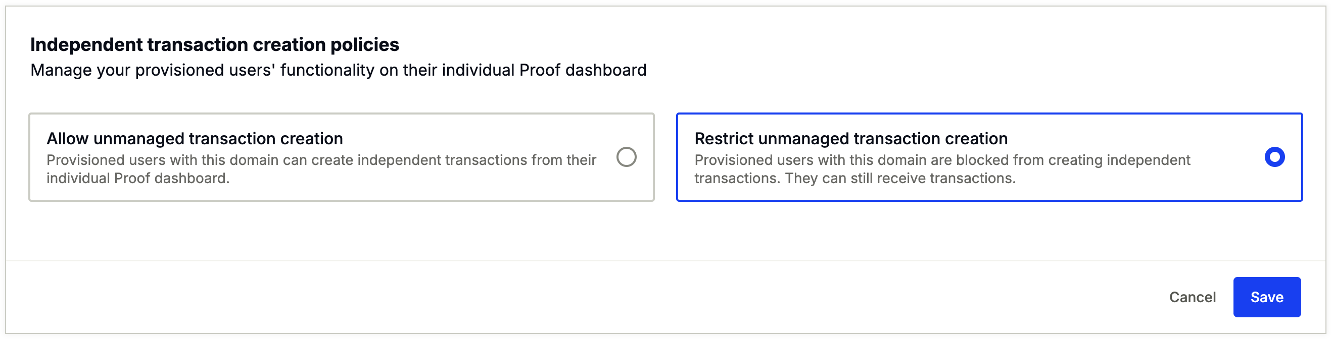 Restrict unmanaged transaction creation setting in Command Center