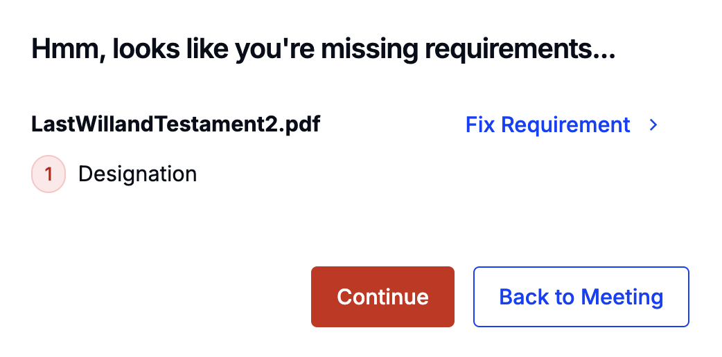 missing requirements notary error message