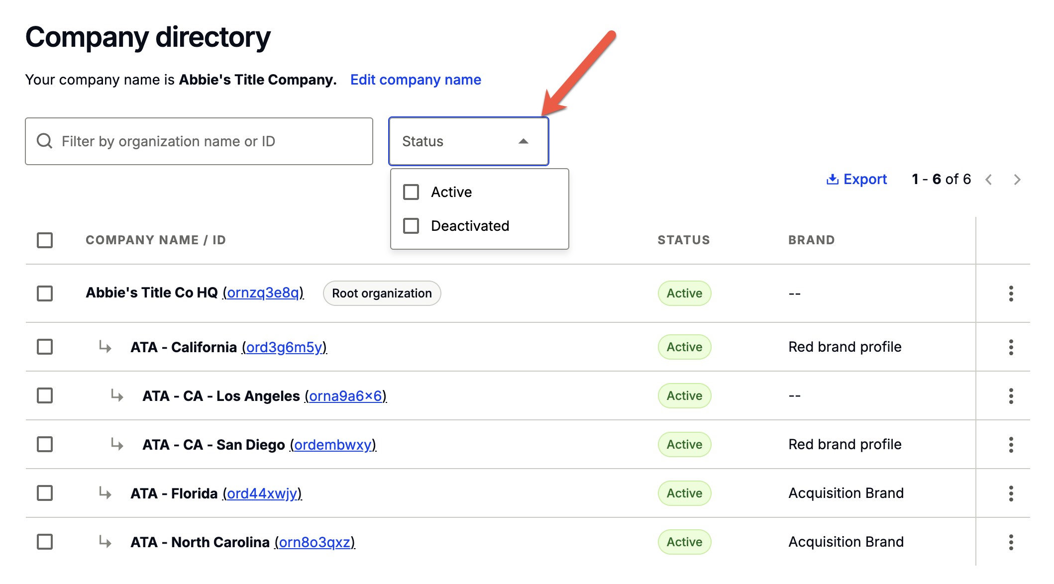 Company directory filter dropdown in Command Center
