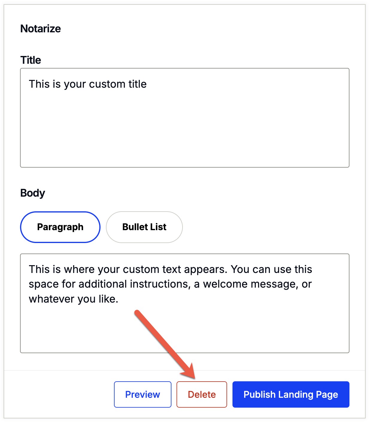 Delete custom recipient welcome page screen