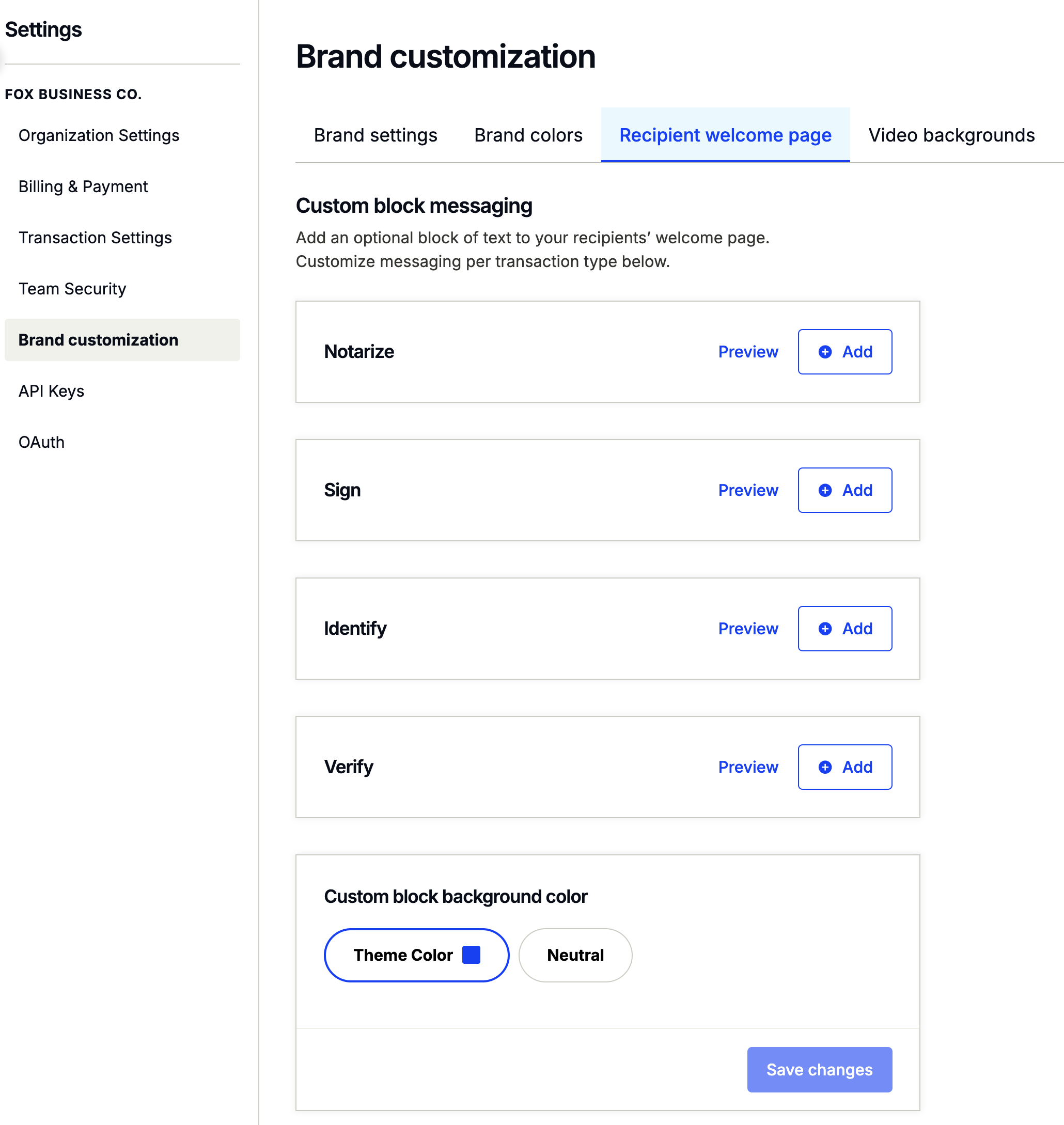 Recipient welcome page brand customization screen