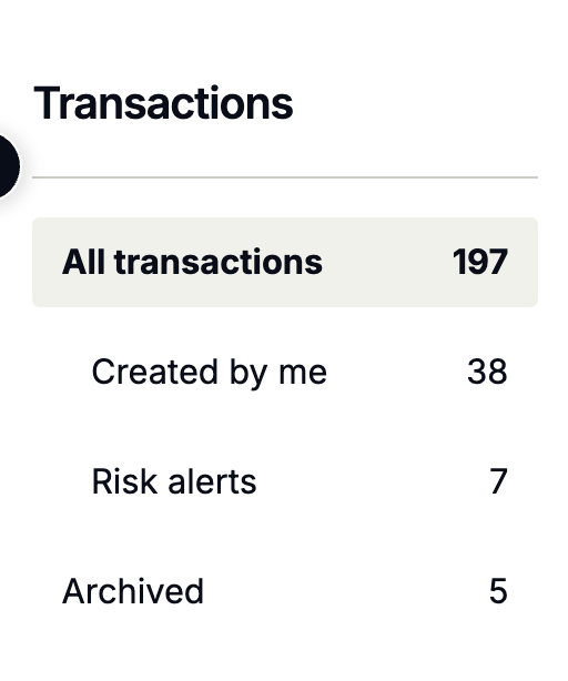 Transactions left menu showing Created by me and All transactions options