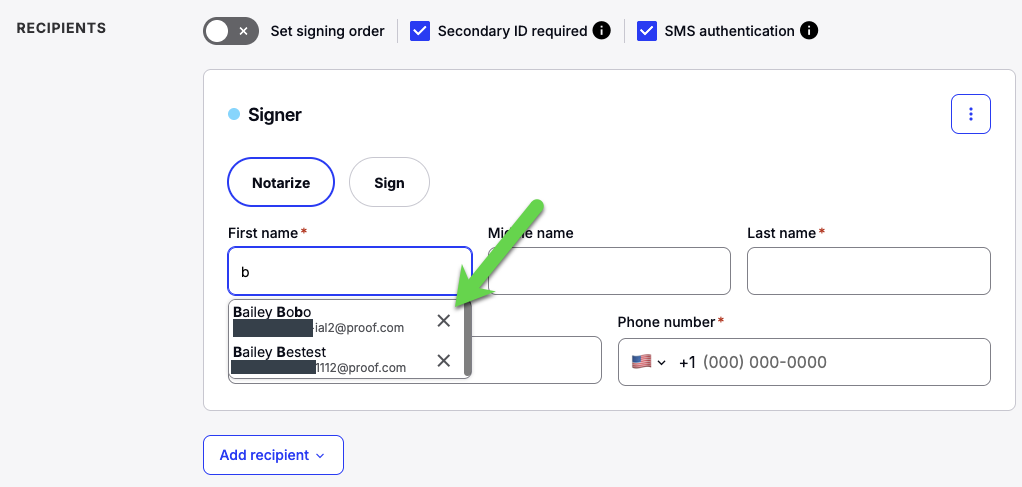 X button next to a saved recipient name in the suggestions dropdown