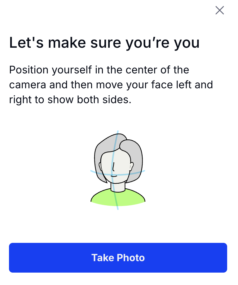Selfie capture screen showing Take photo option