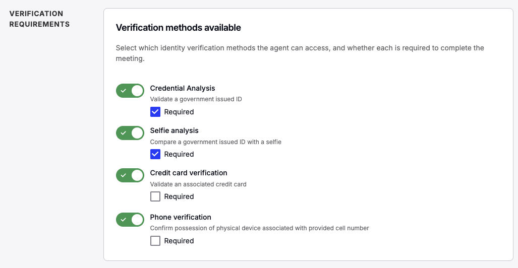 Verification methods screen for a Verify transaction showing toggle and Required checkbox options