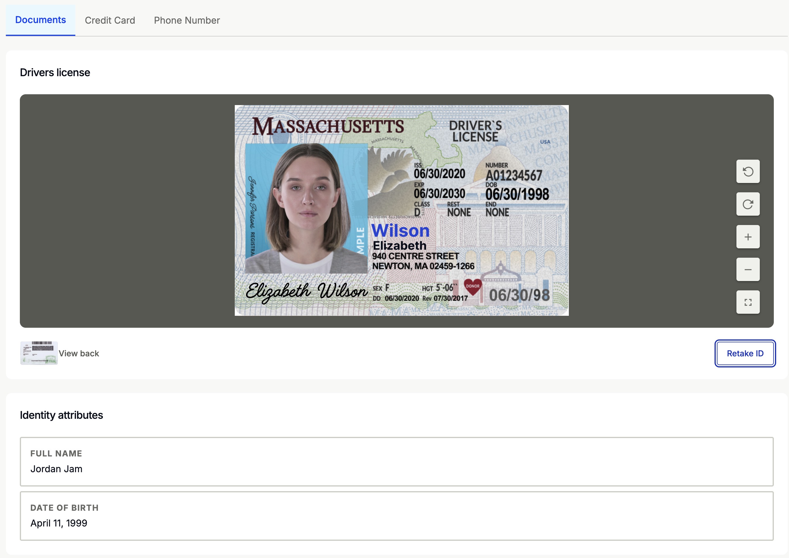 Credential analysis panel showing the ID viewer and Retake ID option during a Verify meeting