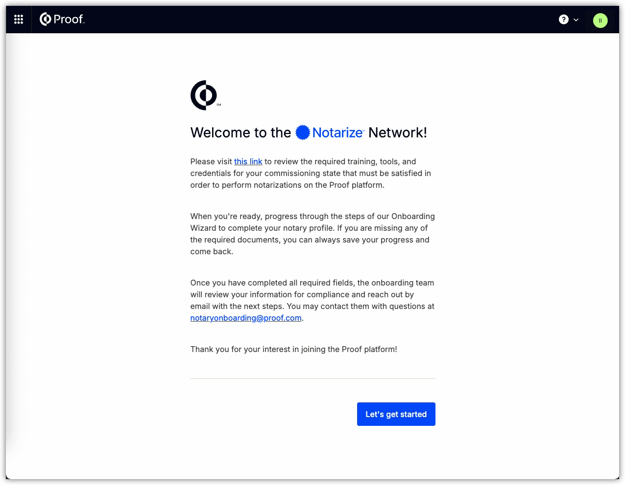 Create your notary account screen
