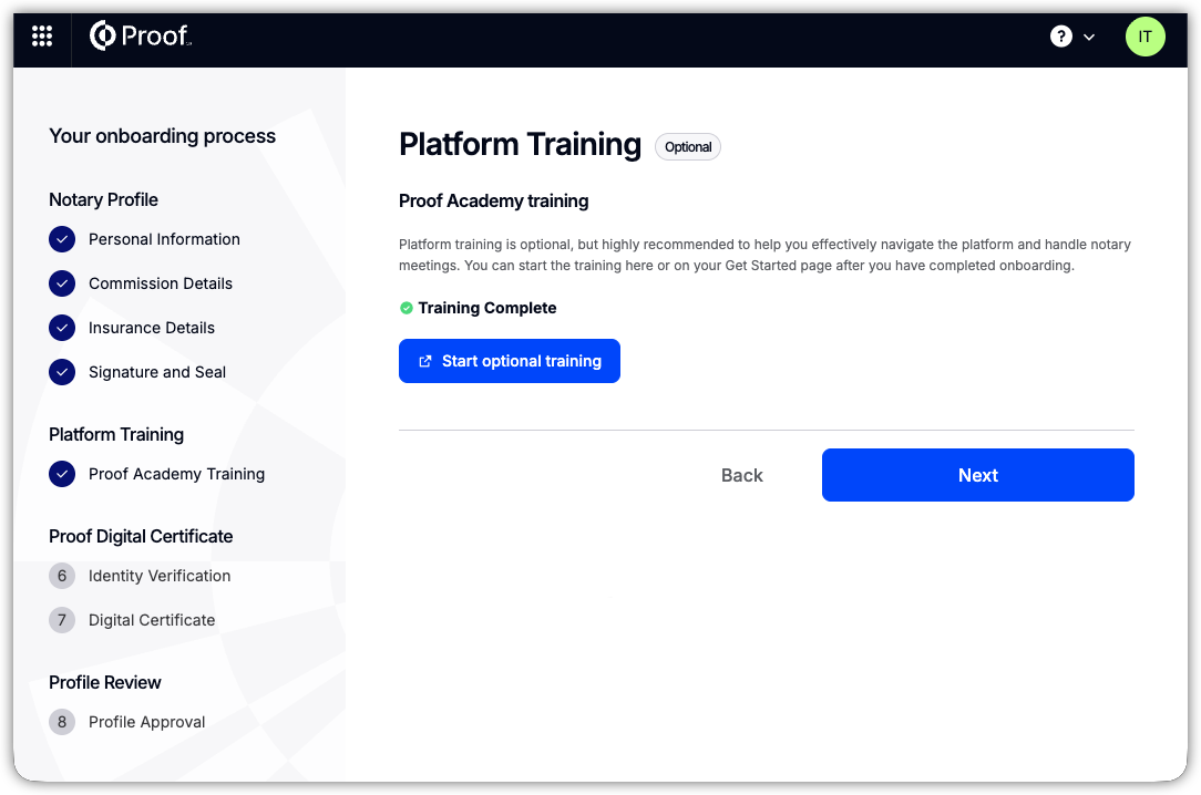 Proof Academy platform training screen
