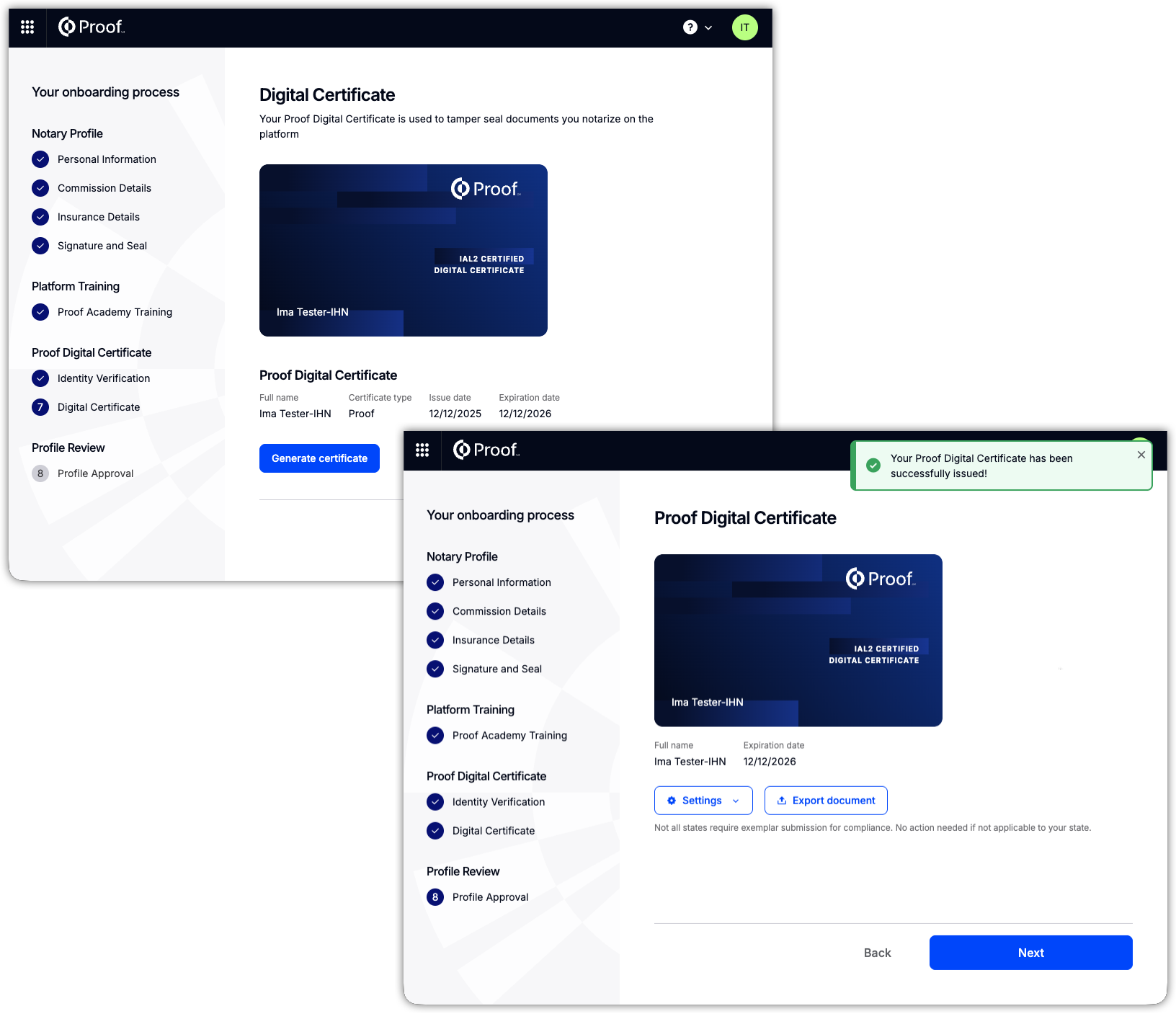 Digital certificate generation screen