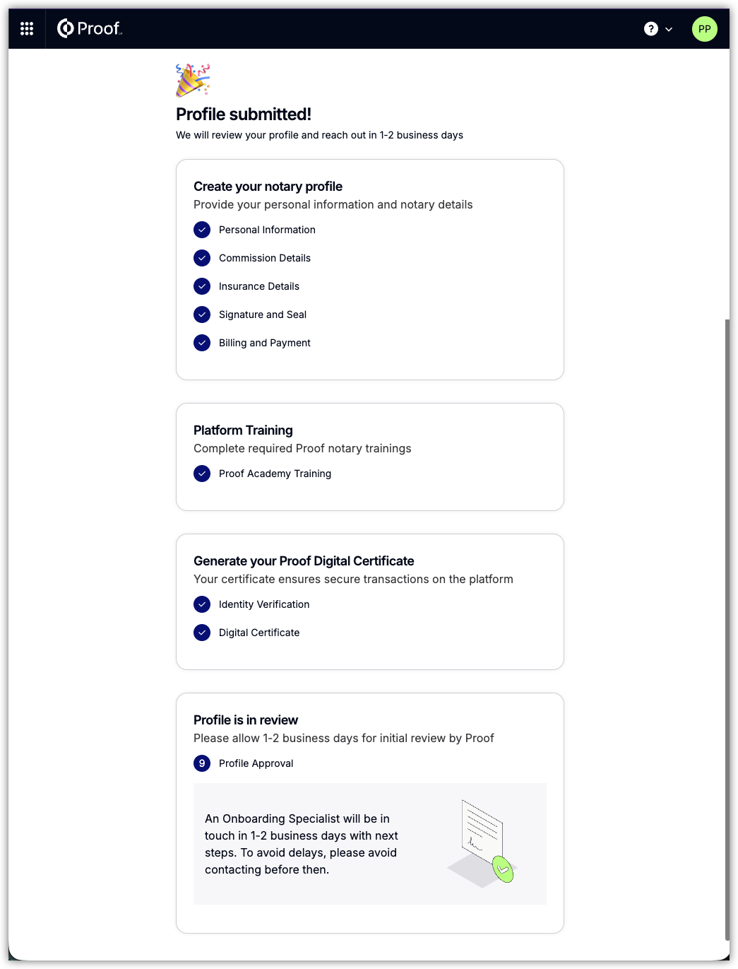 Profile review status screen