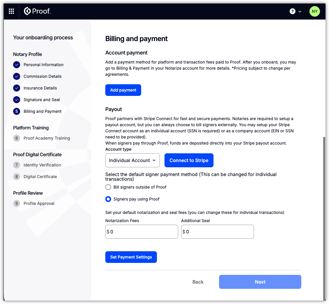 Billing and payments setup screen