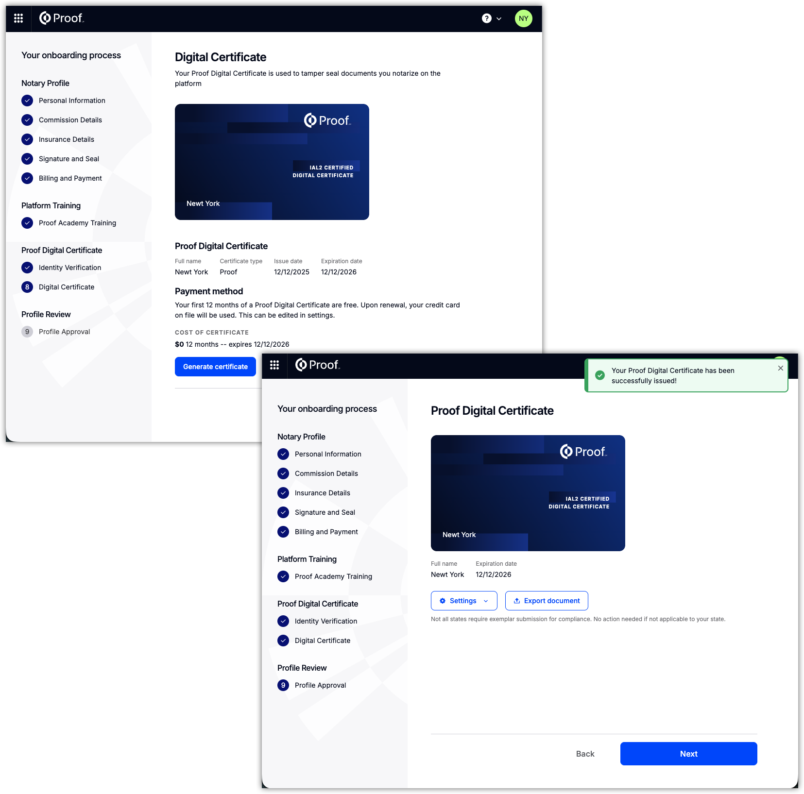Digital certificate generation screen