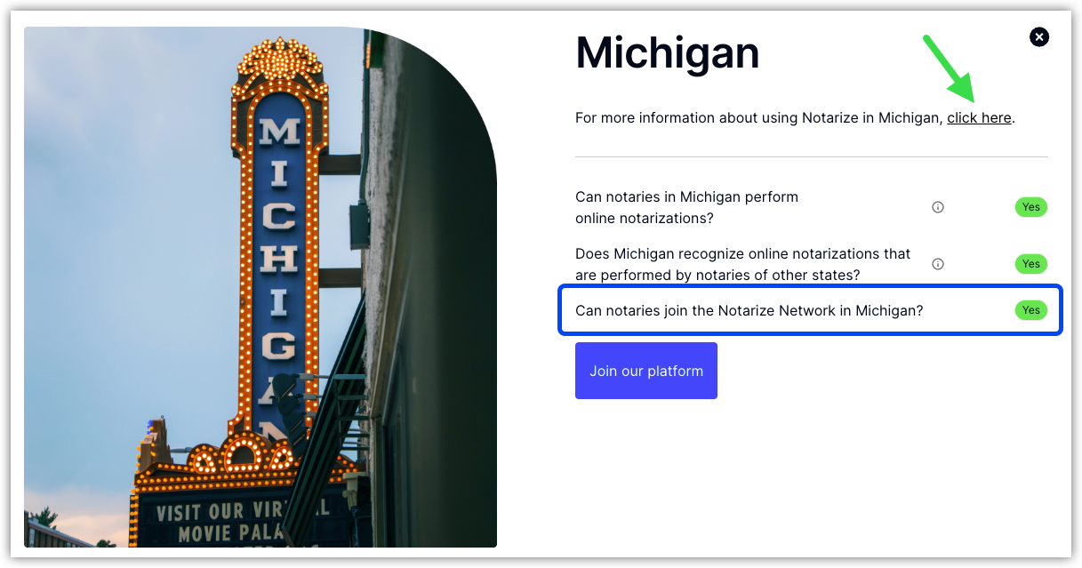 Screenshot showing the notary map pop-up window with state requirements