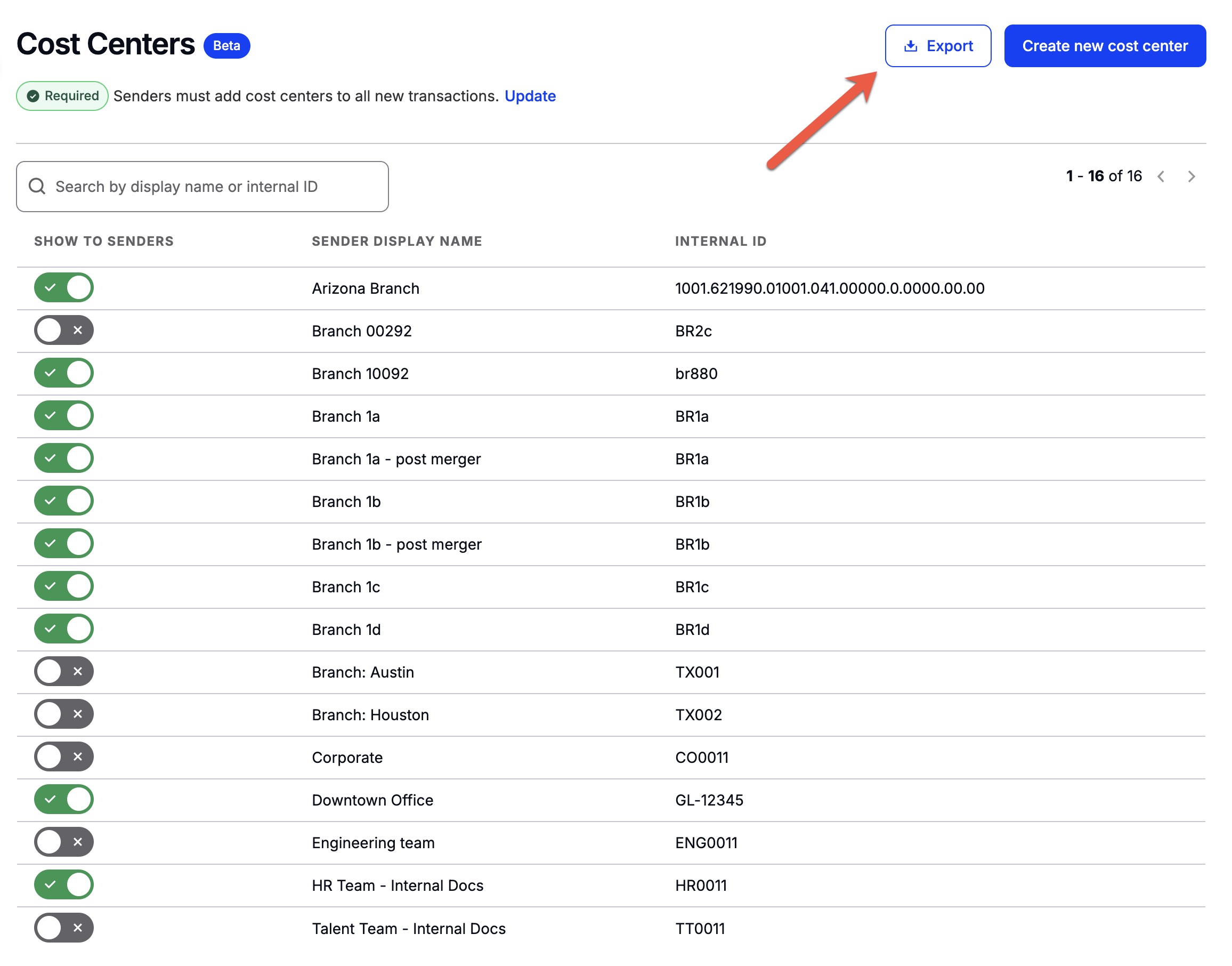 Cost centers page in Command Center showing the Export button in the upper right corner