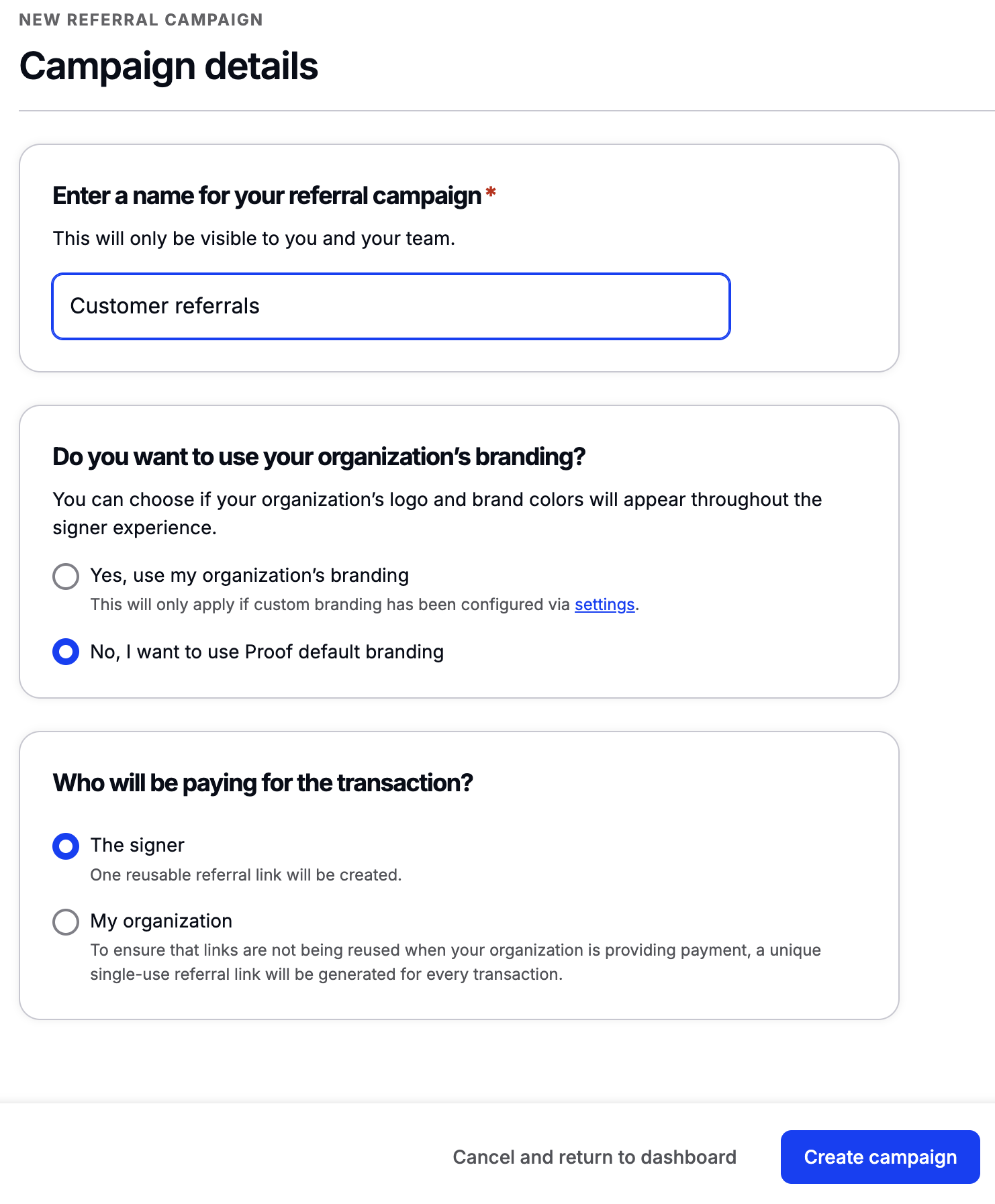 Create referral campaign form showing branding and payment options