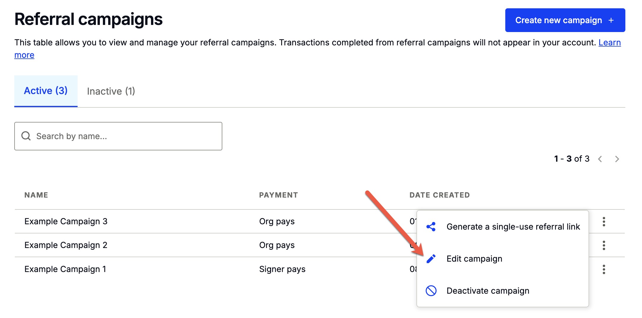 Referral campaigns page showing the three-dot menu with Edit campaign option