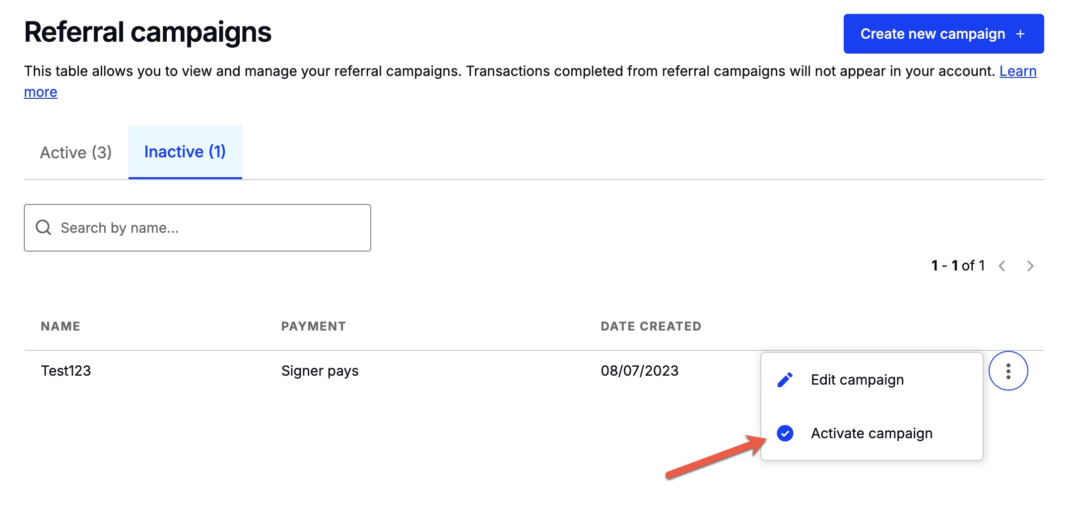 Inactive tab on the Referral campaigns page showing the three-dot menu with Activate campaign option