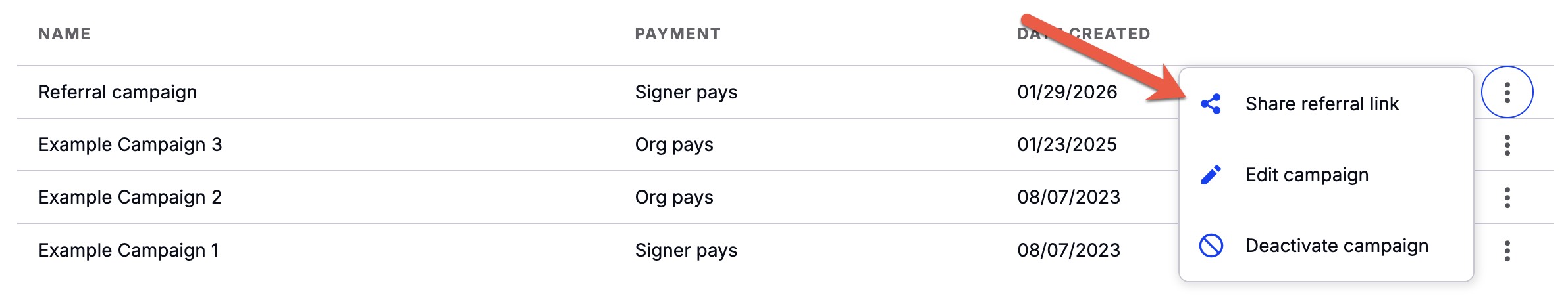 Referral campaign menu showing the Share referral link option