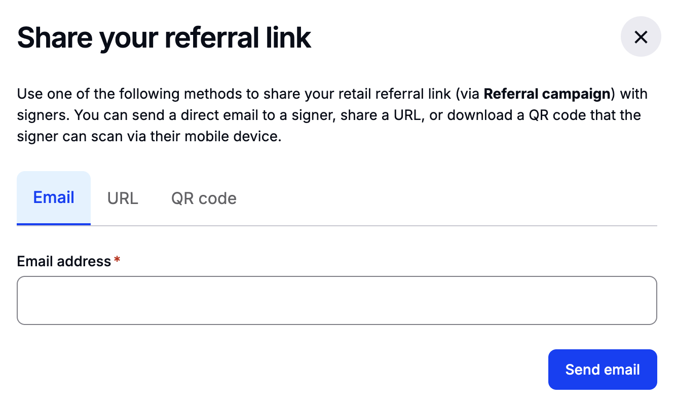 Email sharing tab for a referral campaign with email address field and Send email button