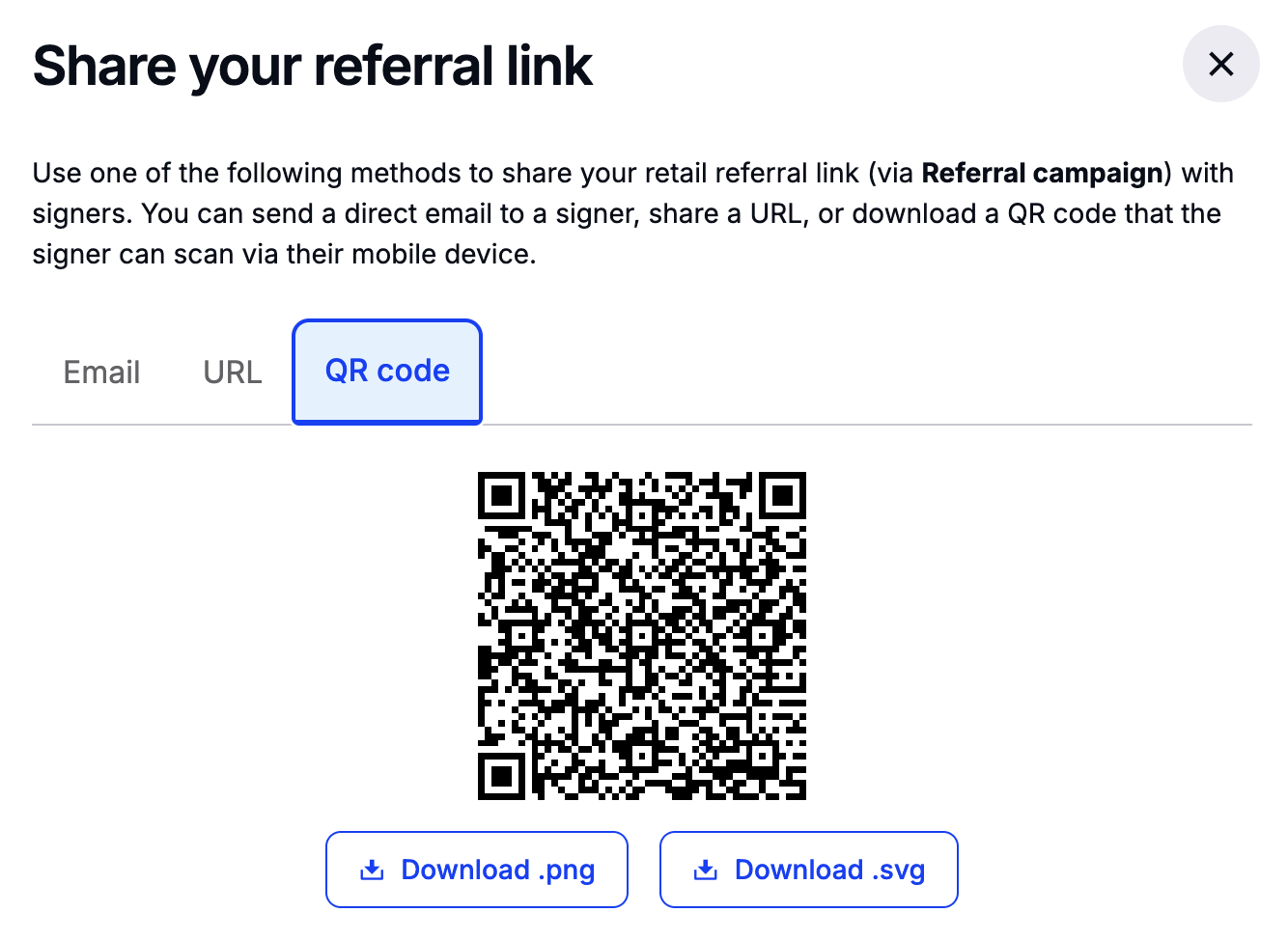 QR code sharing tab for a referral campaign with PNG and SVG download options