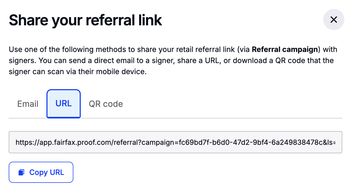 URL sharing tab for a referral campaign with Copy URL button
