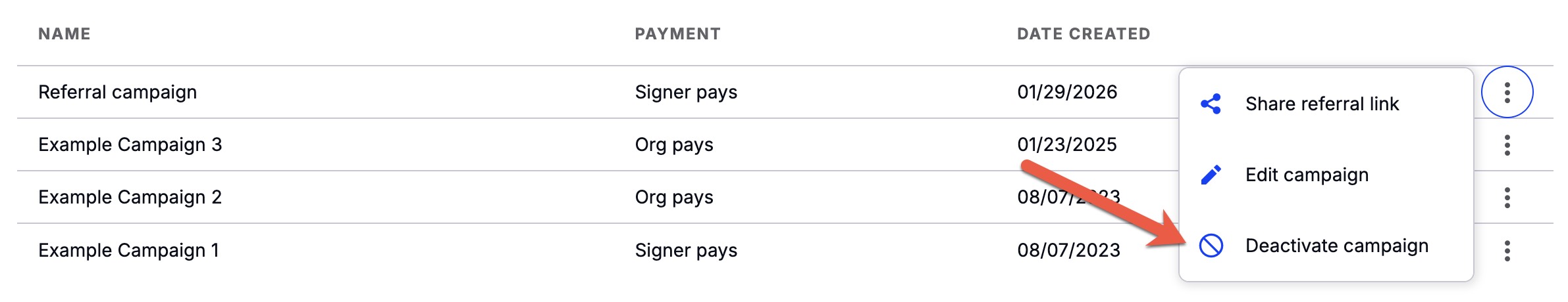 Three-dot menu on the Referral campaigns page showing the Deactivate campaign option