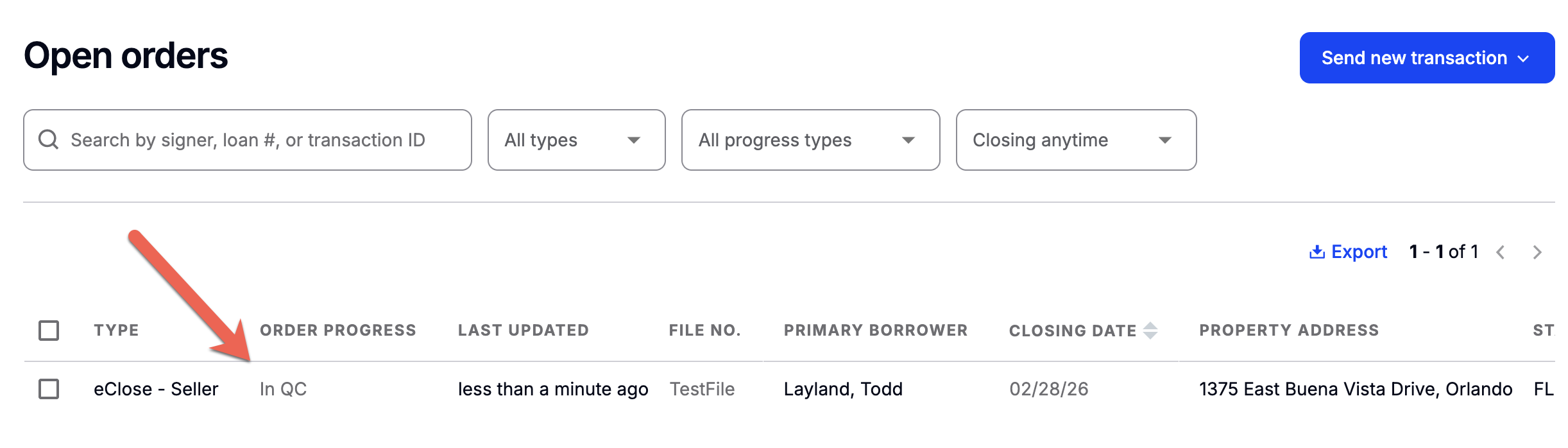 Order Progress column in the Transactions page showing Closing Concierge order statuses