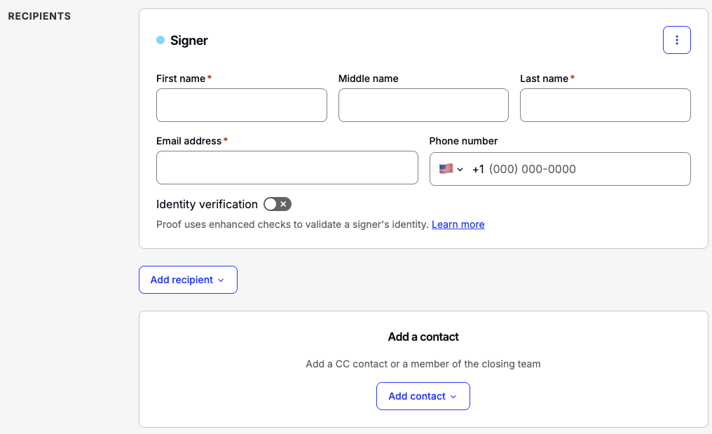 Recipient details screen for eSign transaction creation