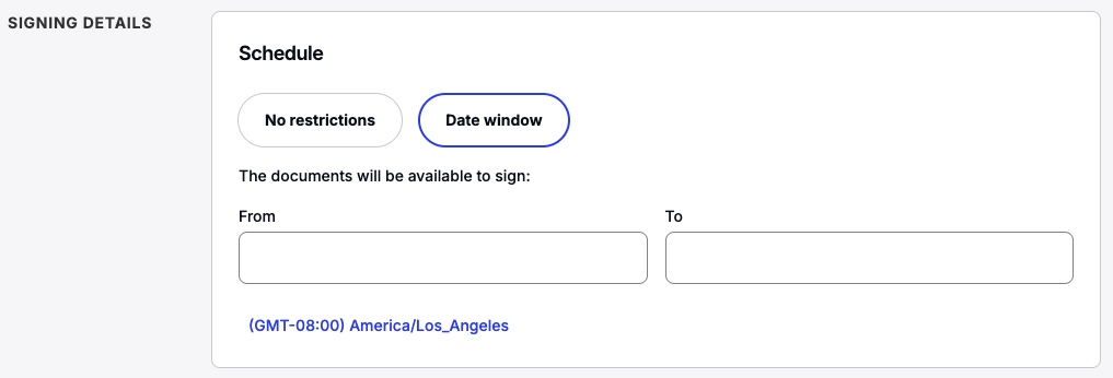 Signing details showing date window options