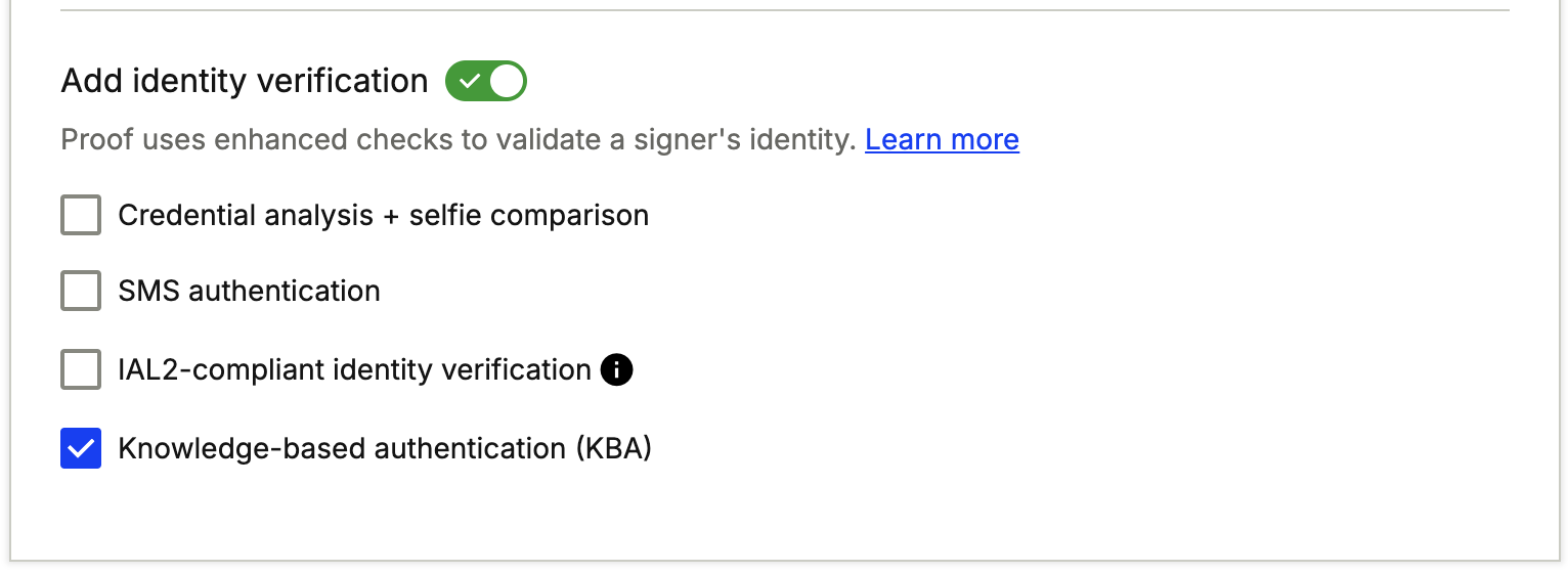 Identity verification options list in eSign transaction creation