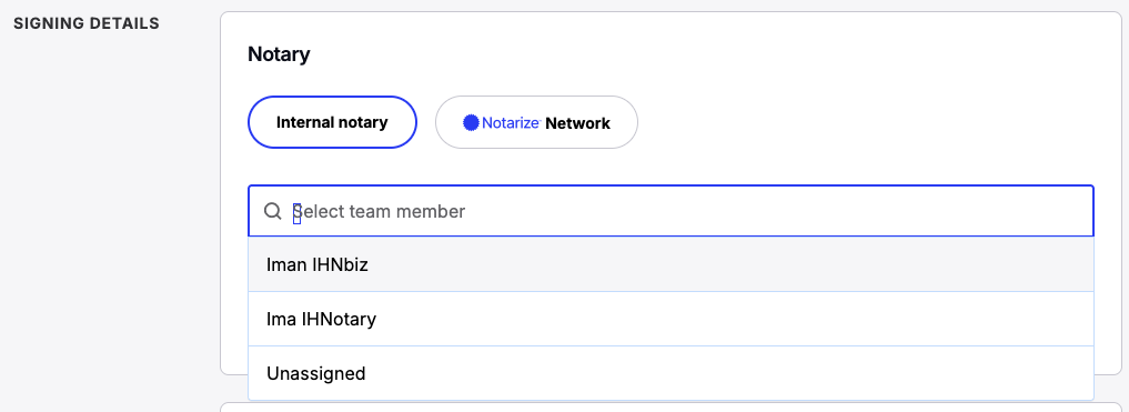 Team member dropdown showing available in-house notaries to assign